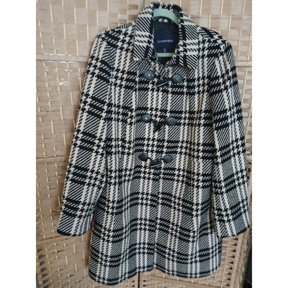 Lands End Women's Black White Houndstooth Wool Blend Coat Sz 16 Tall Business